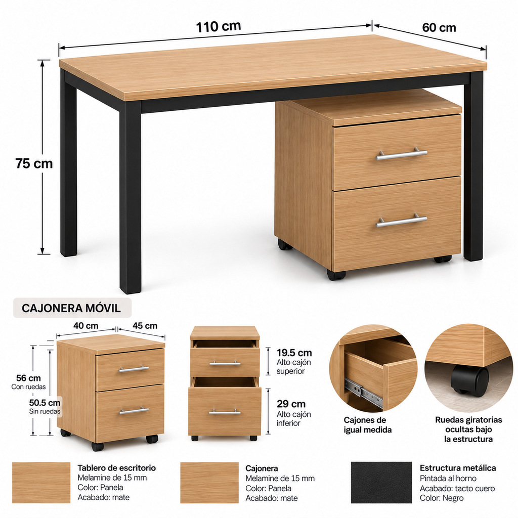 ESCRITORIO SIMPLE MAS CAJONERA MOVIL (75X110X60)