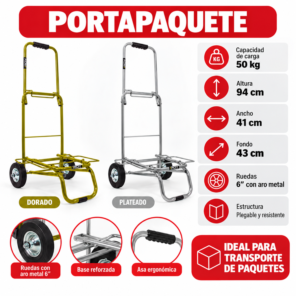 COCHE DE CARGA LIGERA PORTAPAQUETES ECO PLATA/ORO/GRIS RUEDA DE CAUCHO